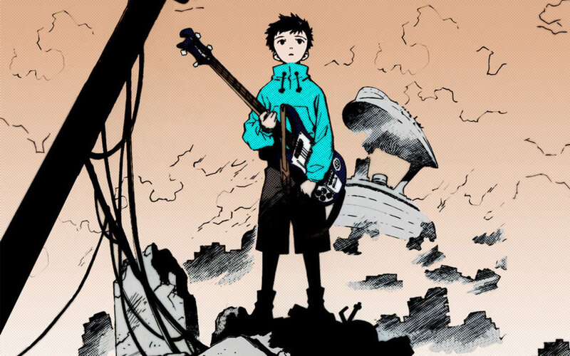 boy with bass guitar in ruins