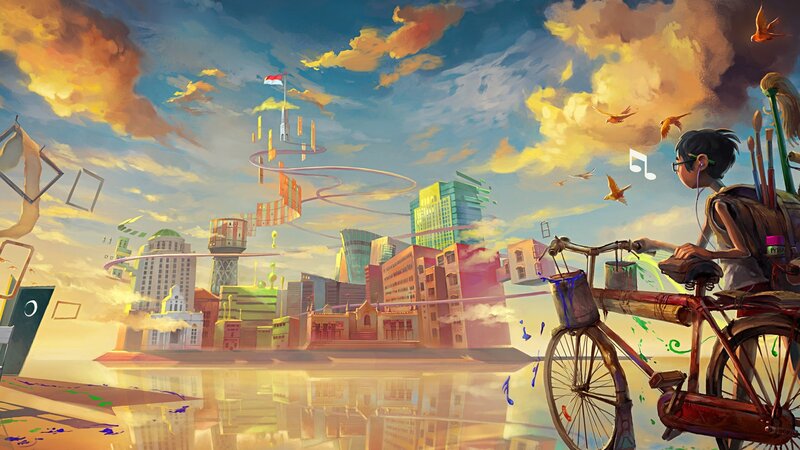 boy with bicycle in dream city