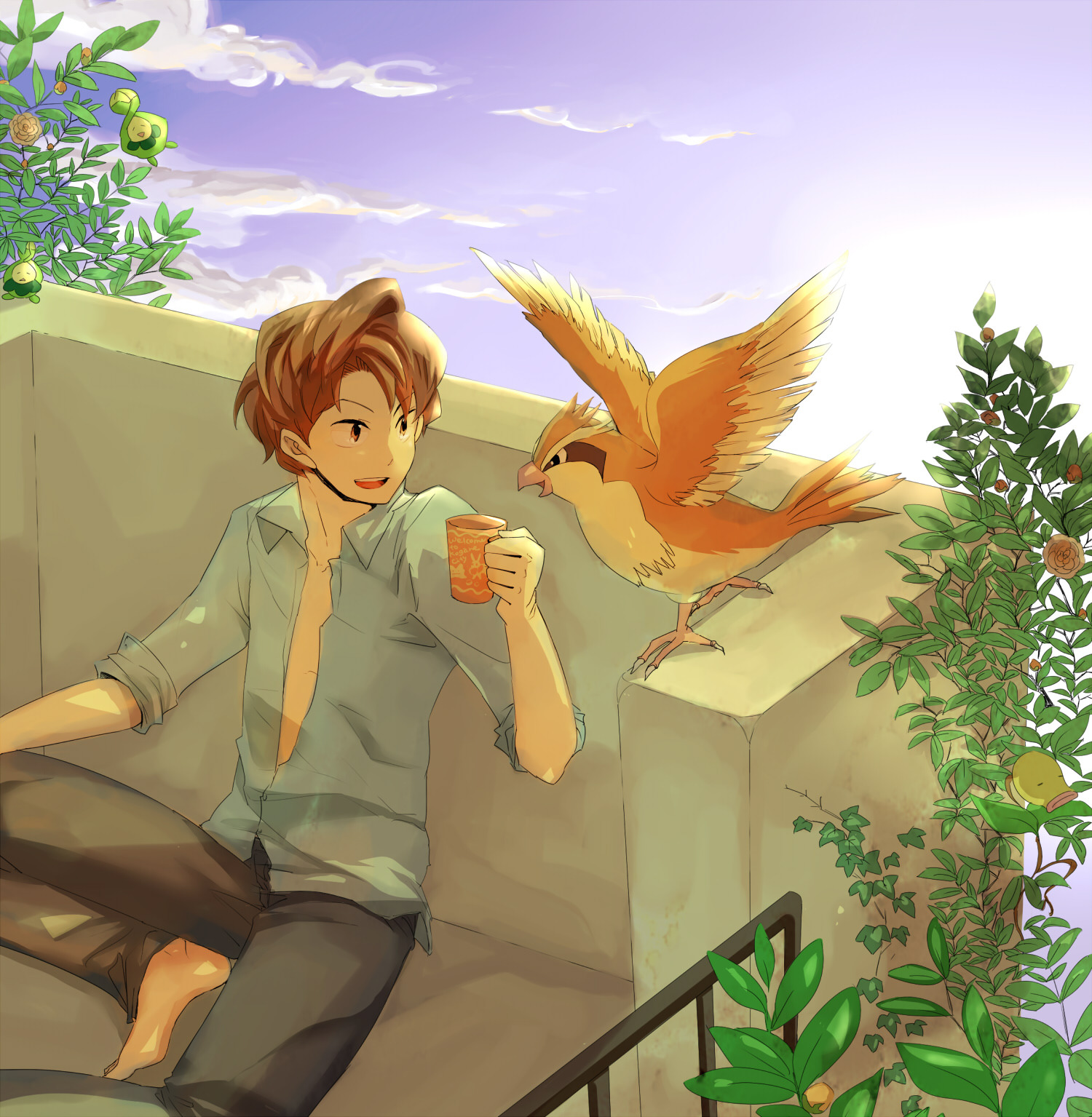 boy with bird on balcony