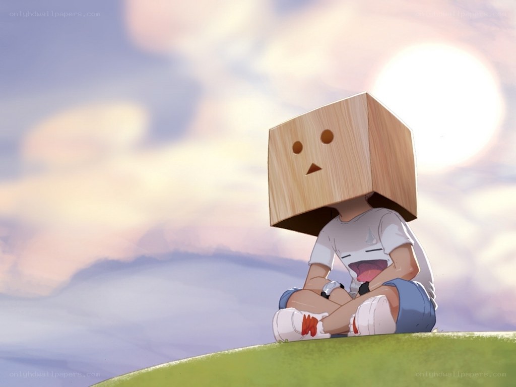 boy with box head on hill