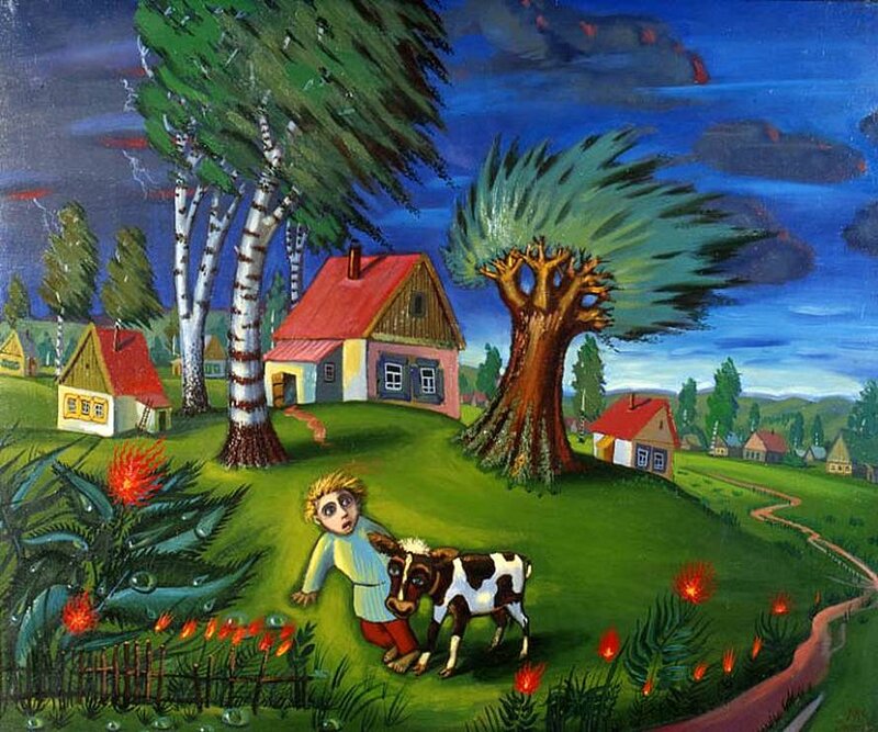 Boy with Calf in Storm