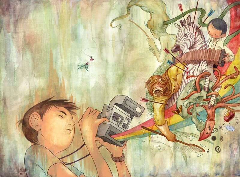 Boy with camera and fantasy creatures