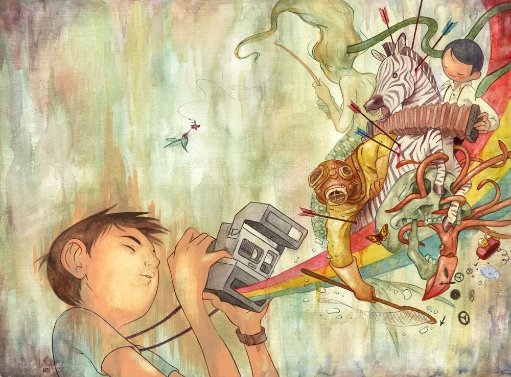 Boy with camera and fantasy creatures