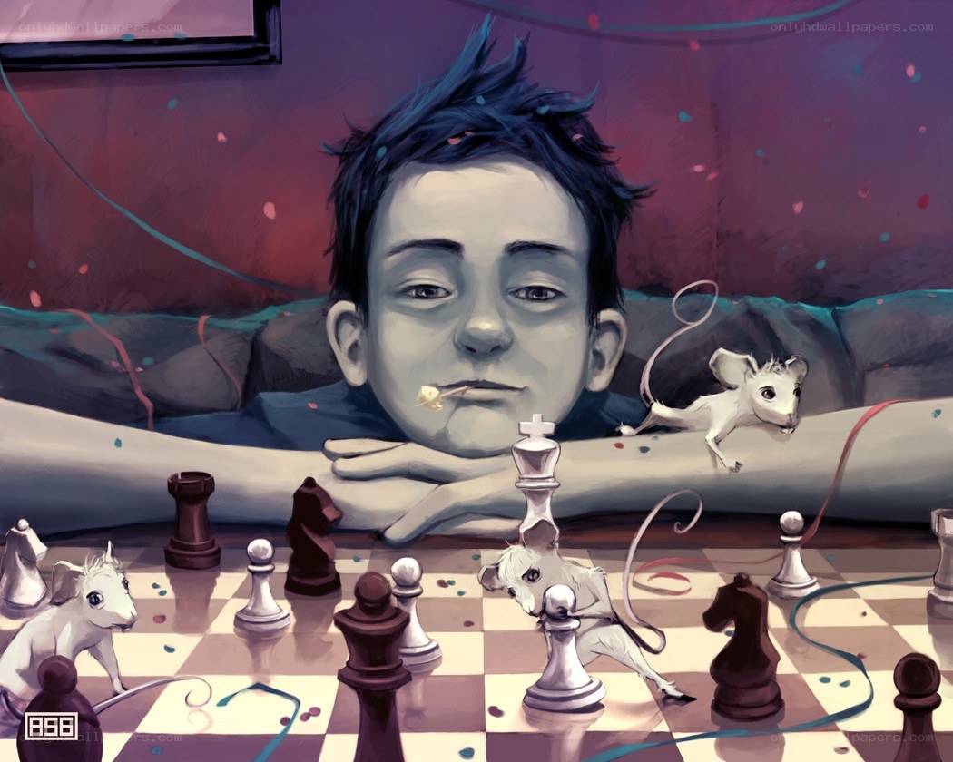 Boy with chess pieces and mice