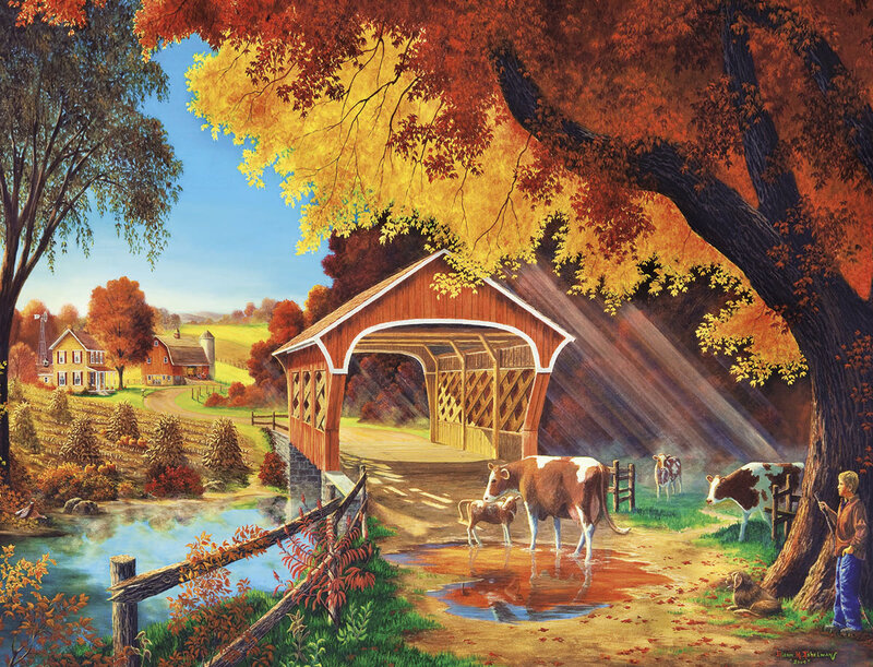 Boy with Cows Near Bridge