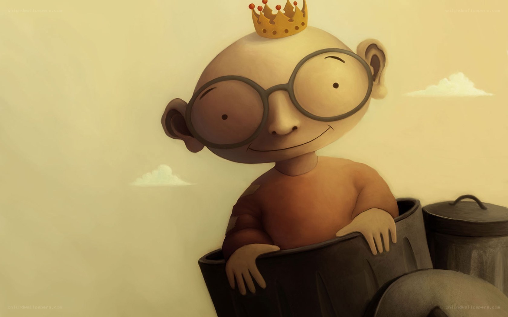 boy with crown in trash can