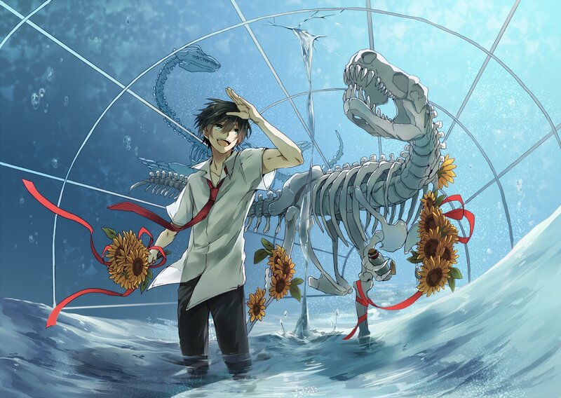 Boy with dinosaur skeleton underwater