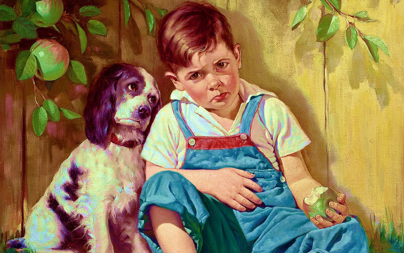 Boy with dog and apple