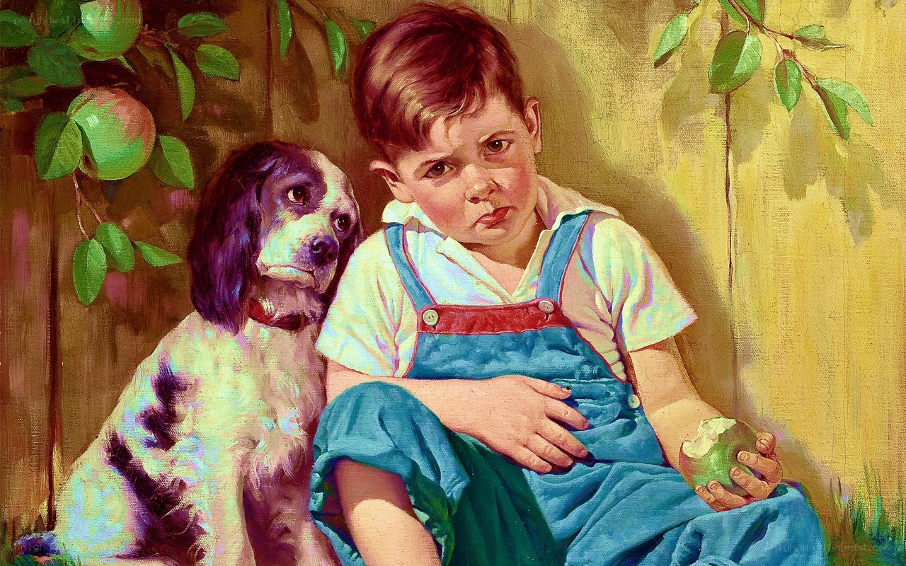 Boy with dog and apple