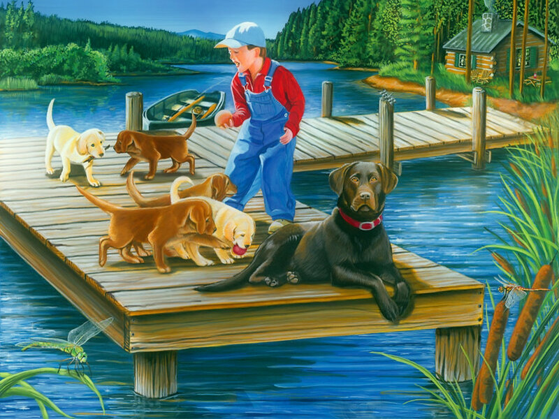 Boy with Dogs on Dock