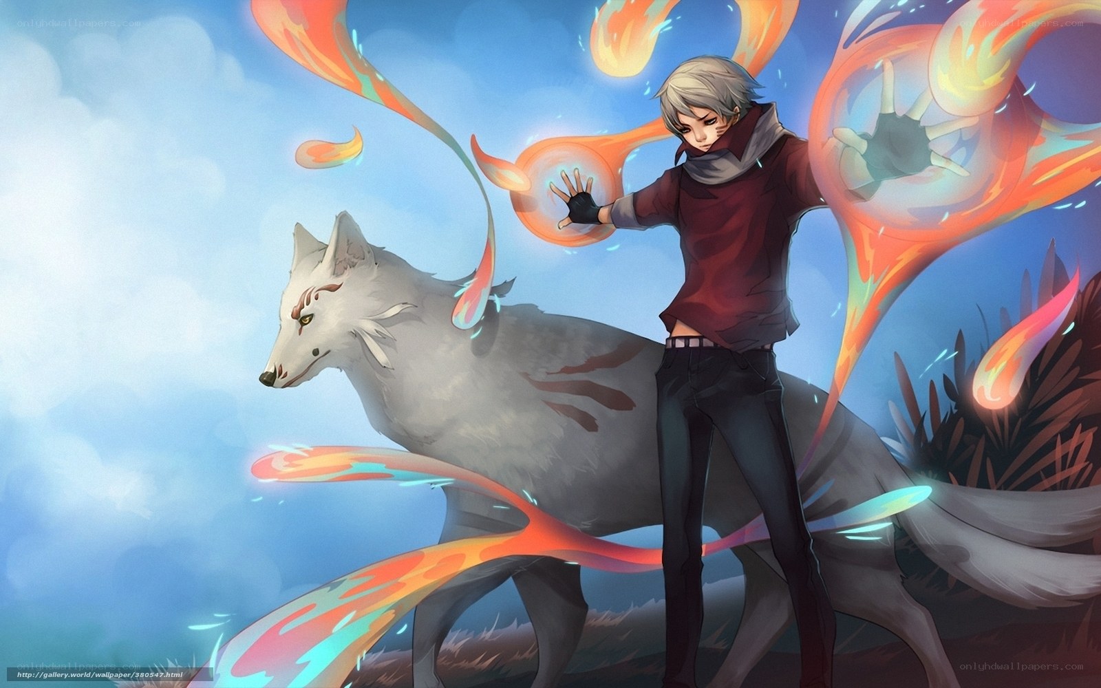 boy with fire wolf companion