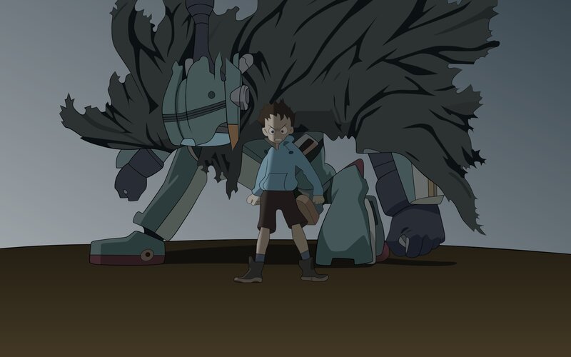 Boy with Giant Robot — Gray