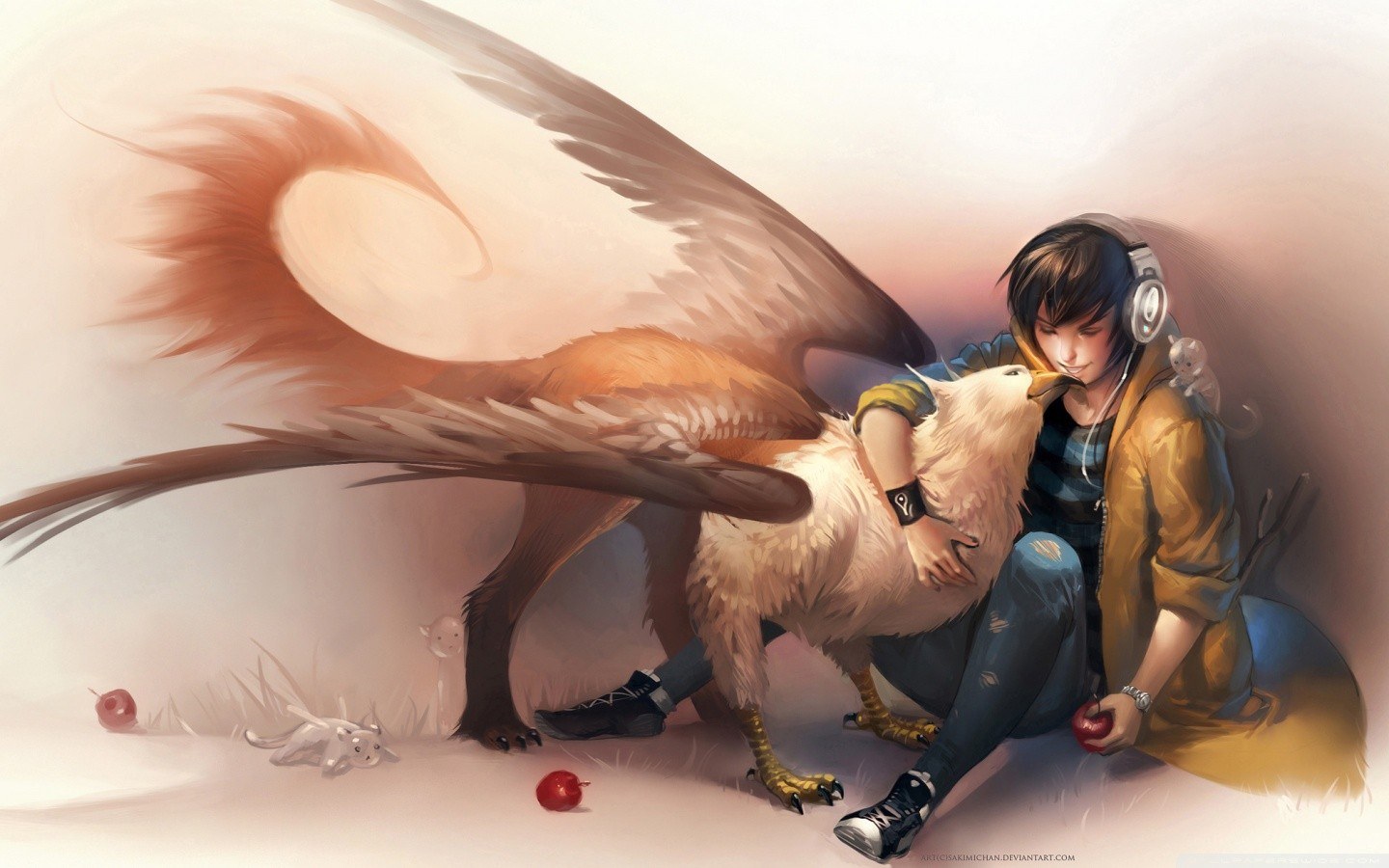 Boy with griffin and apples