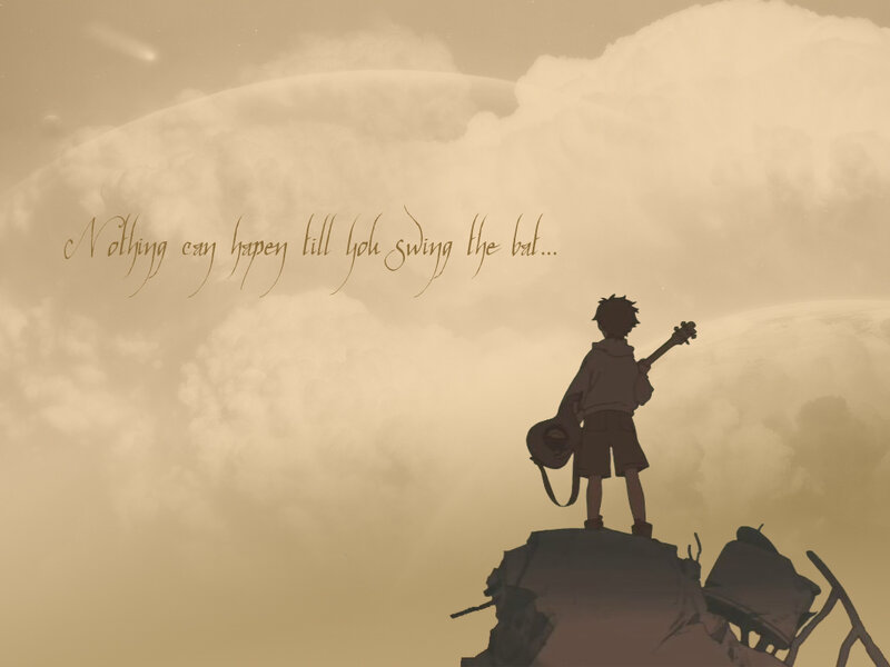 Boy with Guitar on Rock — Brown