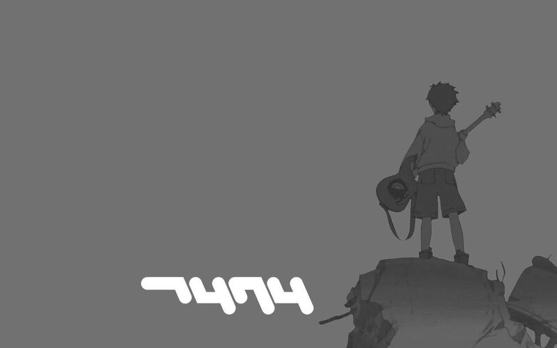Boy with Guitar on Rock — Gray