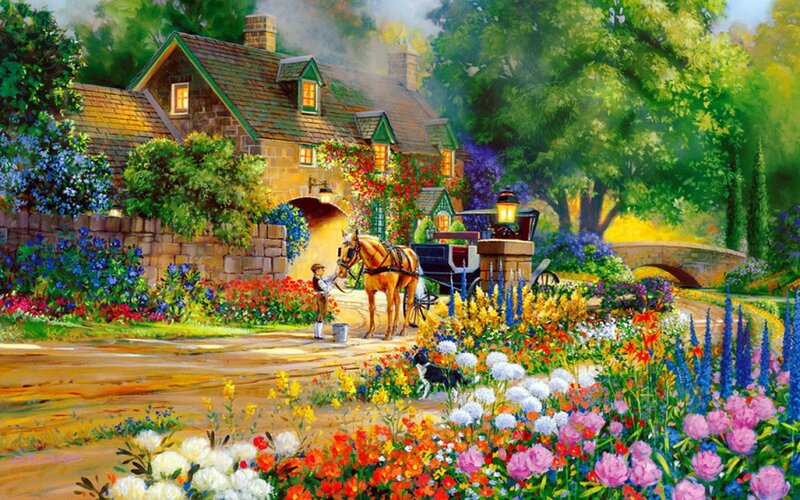 Boy with Horse and Carriage — Green, Serene