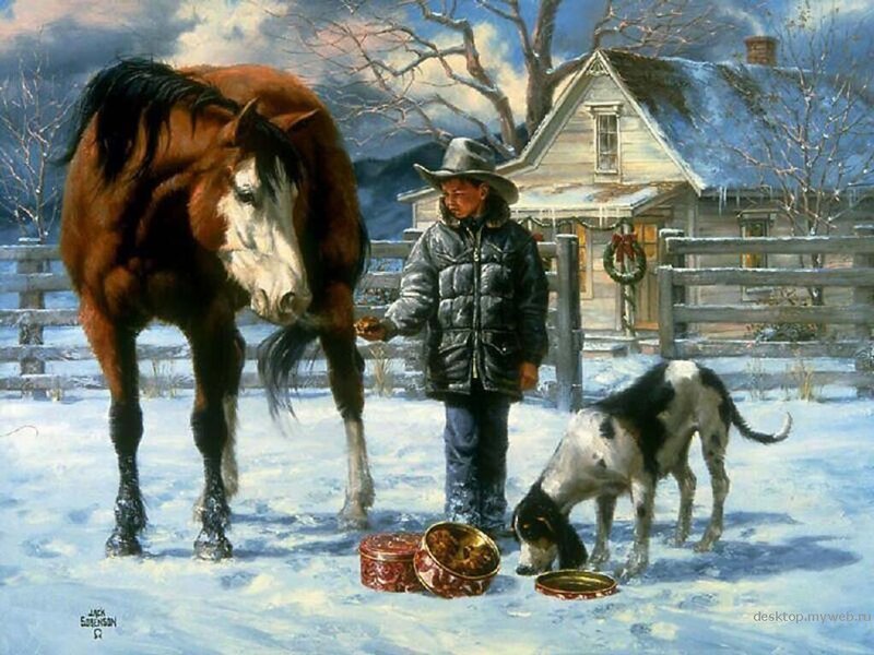 Boy with Horse and Dog — White