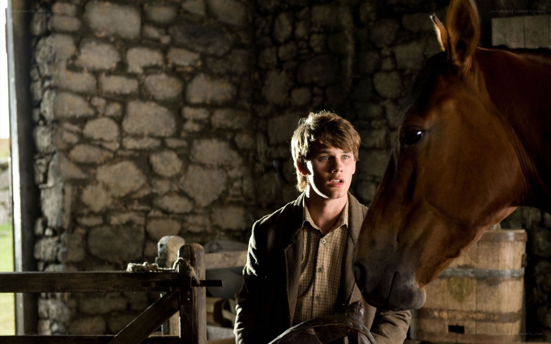 boy with horse in stable