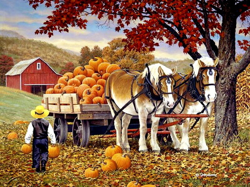Boy with Horses and Pumpkins