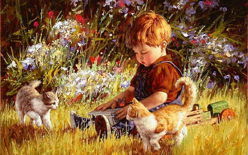 Boy with Kittens in Field