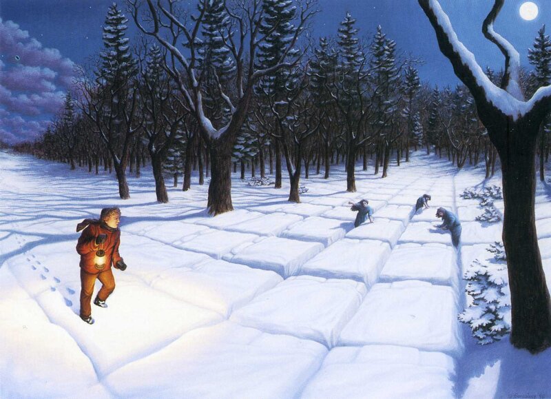 Boy with Lantern in Snow