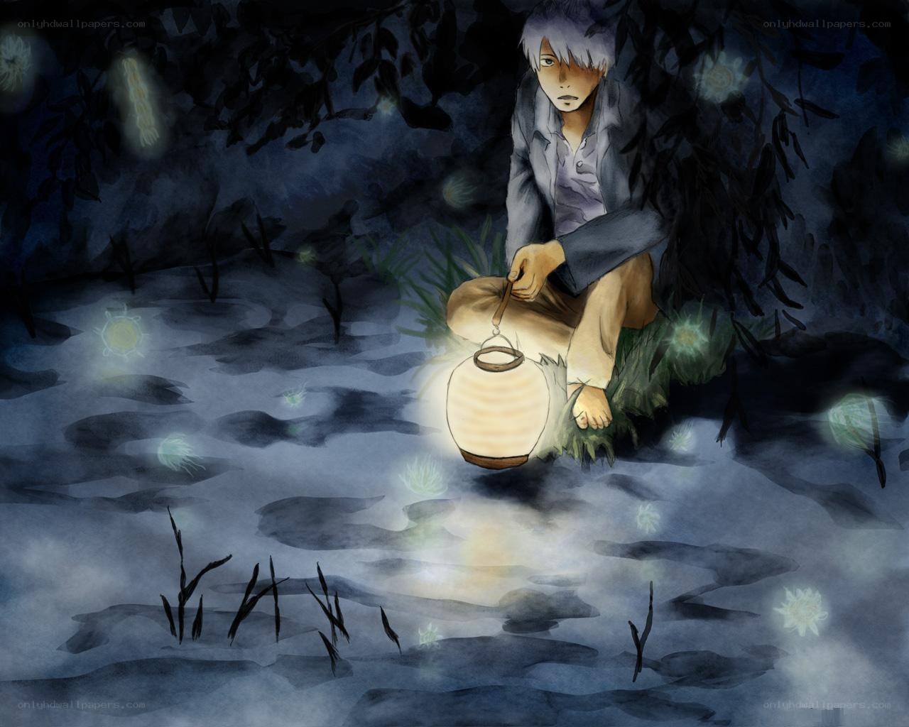 Boy with lantern in swamp