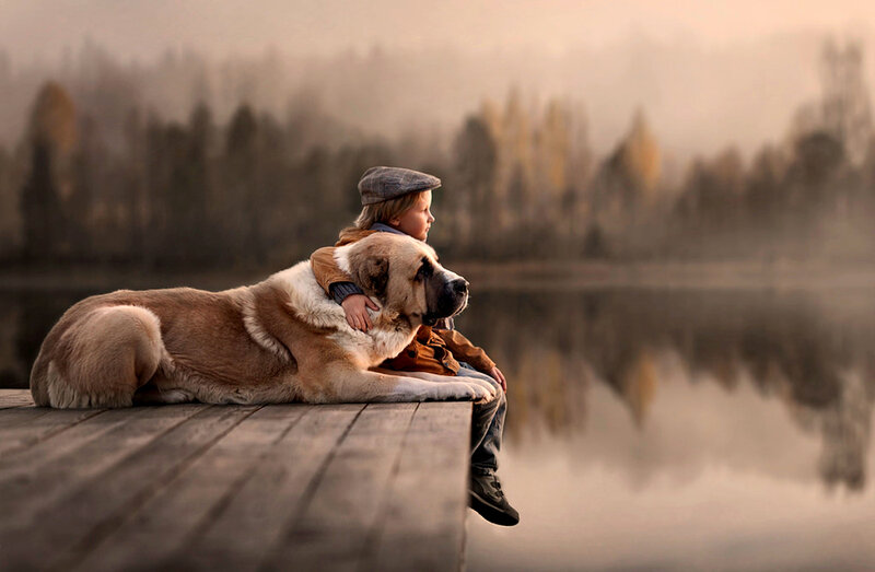 Boy with Large Dog — Brown