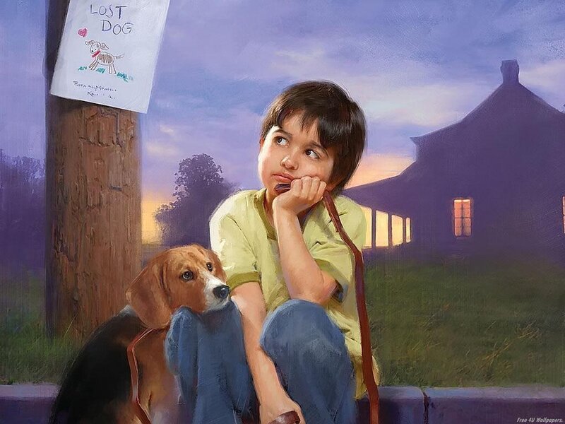Boy with lost dog sign
