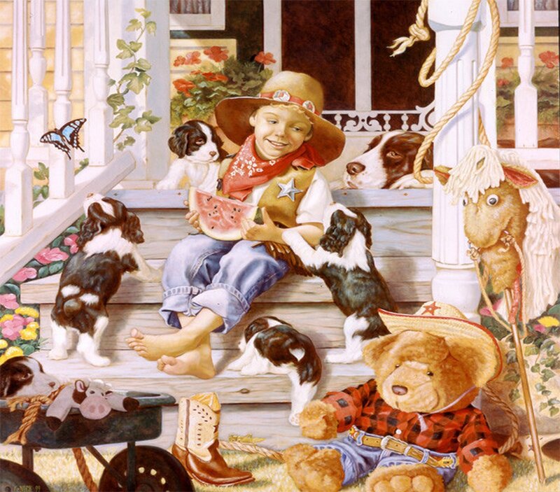 Boy with Puppies — Brown