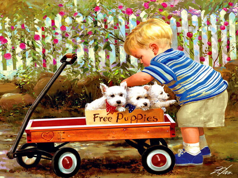 Boy with Puppies in Wagon