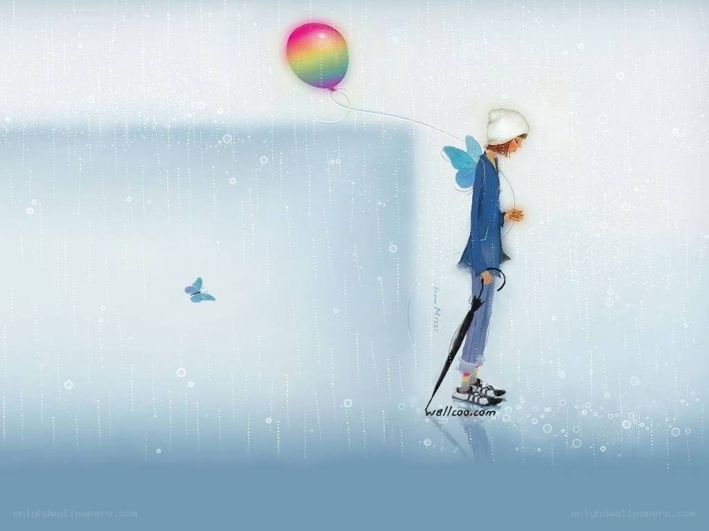 Boy with rainbow balloon in rain