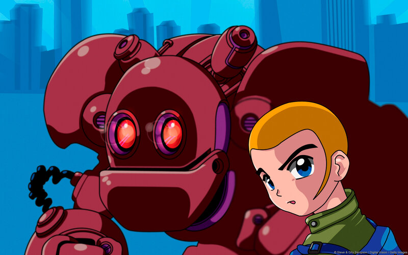 Boy with Robot Companion — Blue