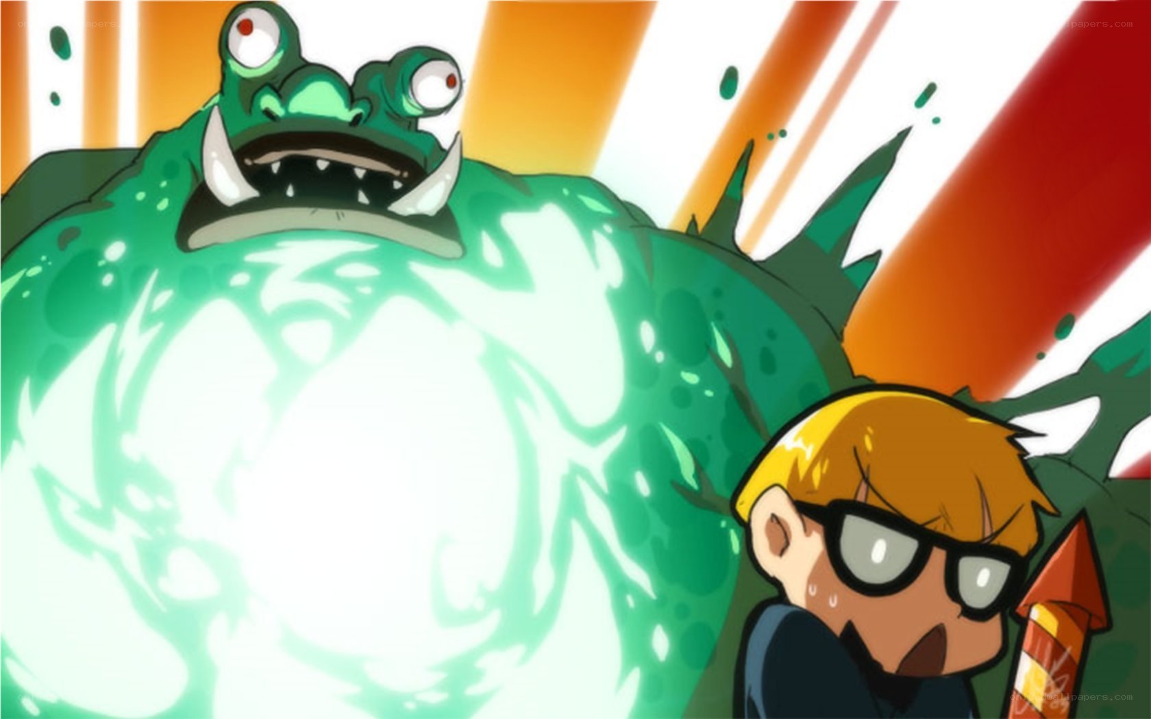 boy with rocket facing monster