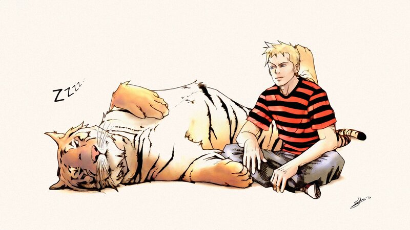 Boy with Sleeping Tiger — White, Peaceful, Comic