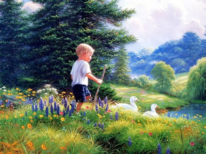 Boy with Stick in Field
