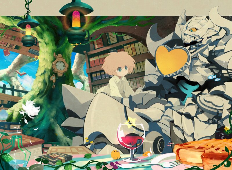Boy with stone monster in library