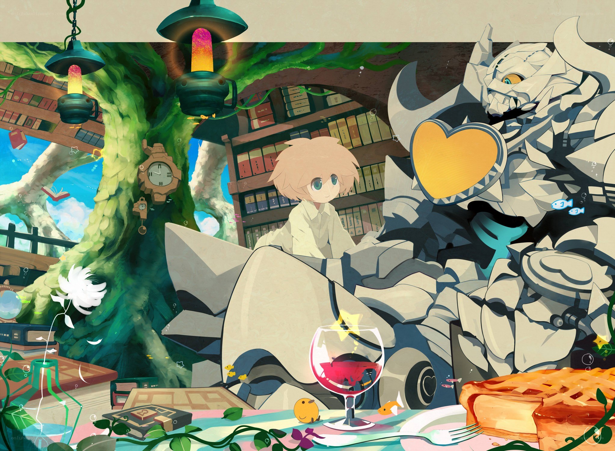 Boy with stone monster in library
