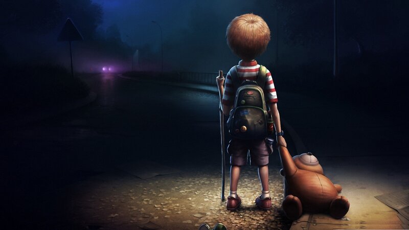 Boy with Teddy Bear — Blue, Dramatic, Night, Digital Art