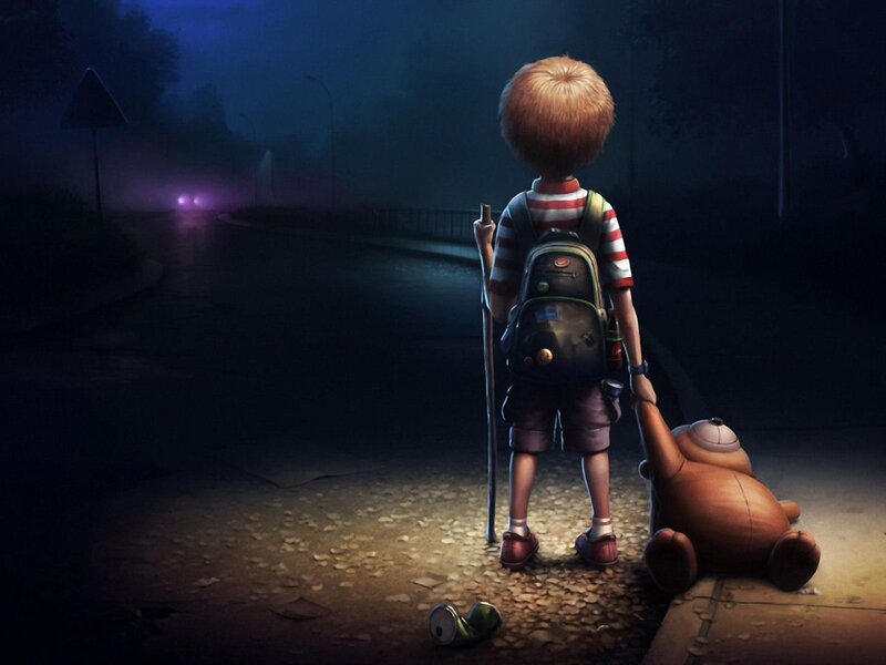 Boy with Teddy Bear — Blue, Dramatic, Night