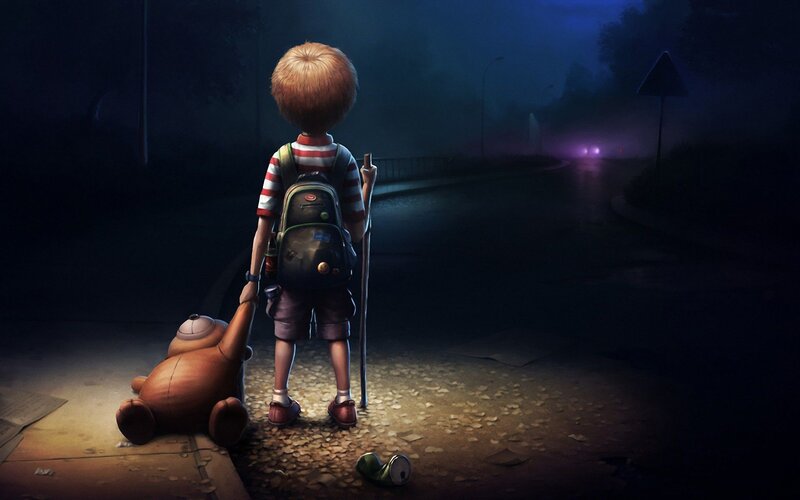 Boy with Teddy Bear — Dark Blue, Dramatic