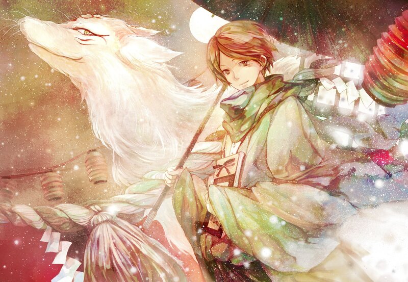 Boy with White Fox — Green, Serene, Night