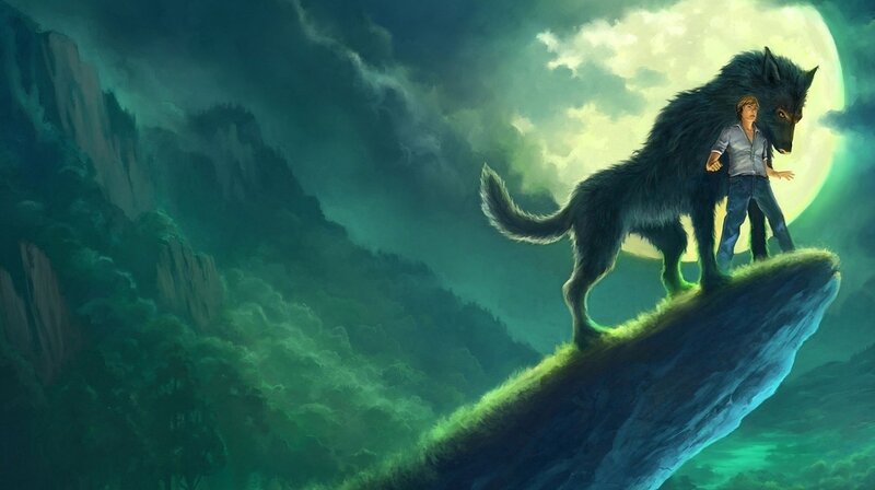Boy with Wolf on Cliff — Green, Dramatic, Night