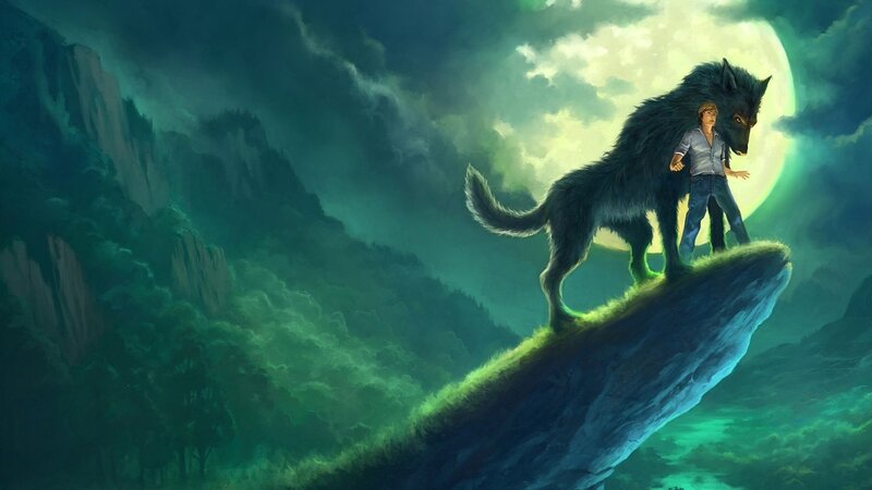 Boy with Wolf on Cliff — Green