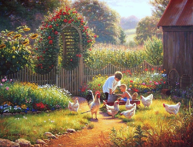Boys Feeding Chickens