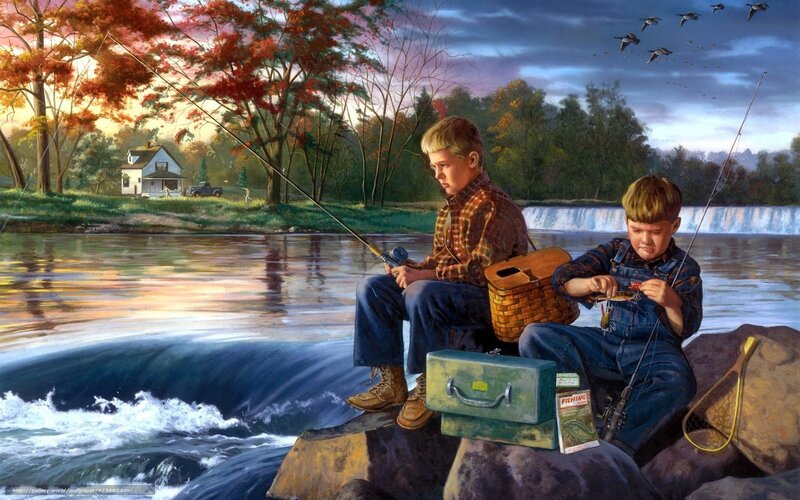 Boys fishing by a river