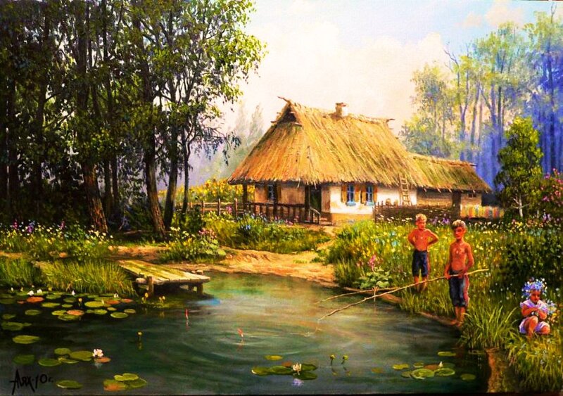 Boys Fishing by Pond — Green