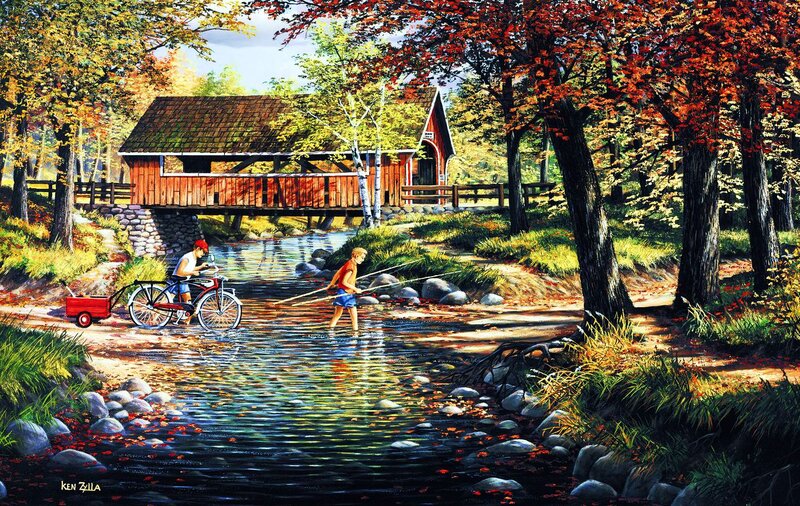 Boys Fishing in Stream