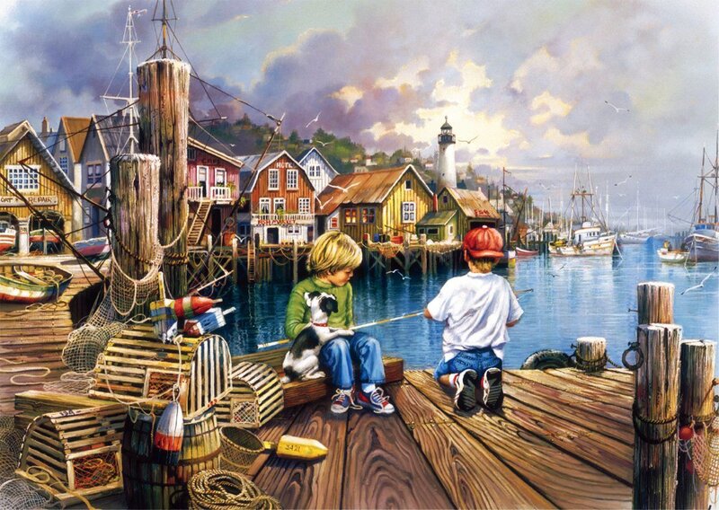 Boys Fishing on Dock — Blue