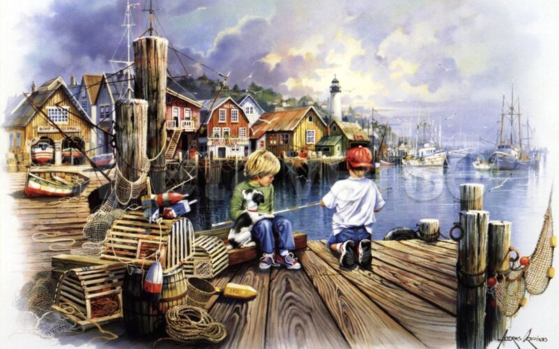 Boys Fishing on Dock
