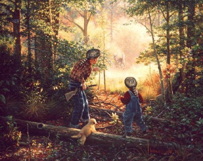 Boys Hunting in Forest